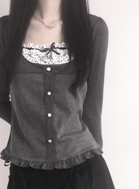 ROCKMORE【日系甜妹】小波点拼接假两件长袖T恤法式设计花边上衣