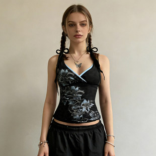 内搭可外穿上衣 花朵印花V领撞色背心吊带女 ROCKMORE 千禧古早