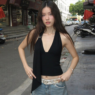 深V领露背挂脖吊带背心女黑色内搭修身 辣妹 上衣 美式 ROCKMORE