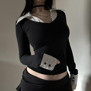 领长袖 ROCKMORE 假两件波点衬衫 轻熟 上衣黑色高智显瘦T恤 法式