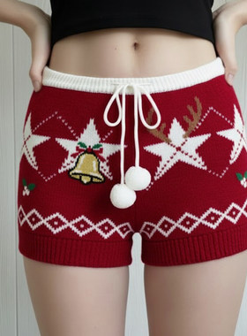 ROCKMORE【圣诞日记】费尔岛提花红色氛围感针织短裤辣妹紧身热裤