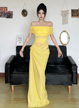 ROCKMORE【性感女神】黄色度假风网纱镂空连衣裙褶皱修身露腰长裙