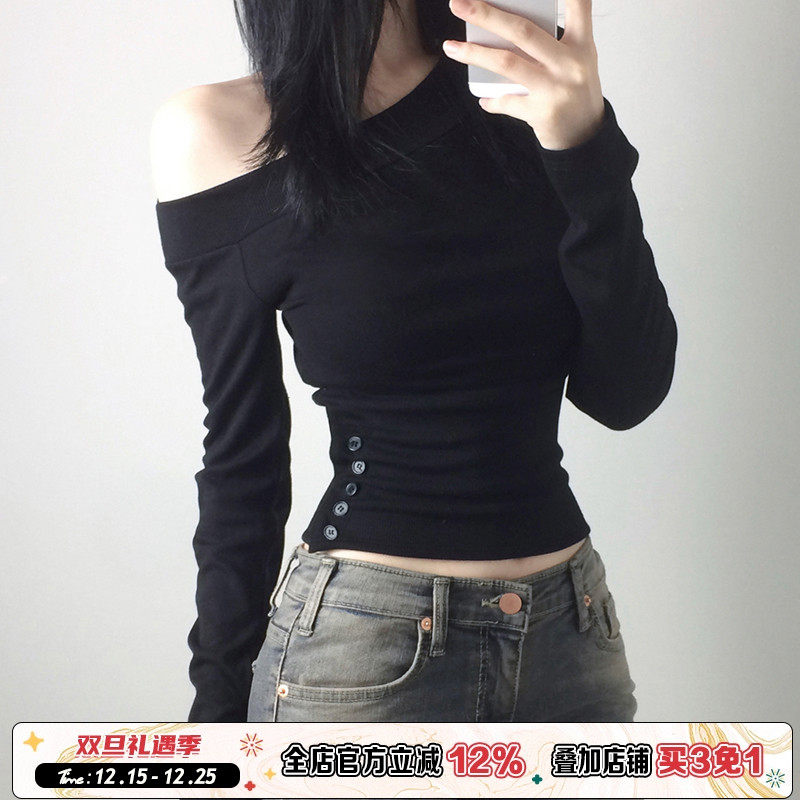 ROCKMORE【韩系气质】斜肩扣子收腰黑色长袖T恤性感露肩显瘦上衣