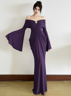 ROCKMORE【法式优雅】紫色韵味褶皱一字肩喇叭袖连衣裙晚宴礼服裙