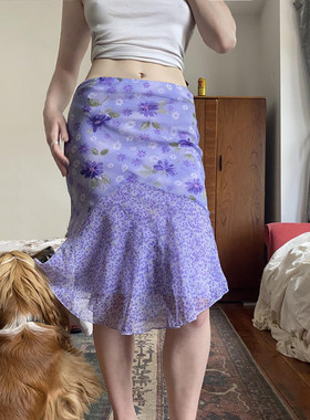 ROCKMORE【普罗旺斯】田园紫色碎花修身半裙南法度假风飘逸中长裙