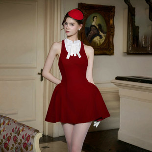 连衣裙女 ROCKMORE 千金风无袖 法式 红色蝴蝶结A字短裙 新年派对