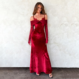 露肩礼服裙 一字肩红色丝绒鱼尾连衣裙女长袖 ROCKMORE 圣诞穿搭