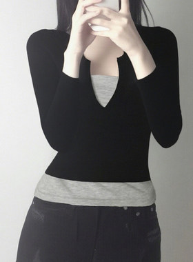 ROCKMORE【气质辣妹】黑色设计感假两件拼接长袖T恤女系带V领上衣