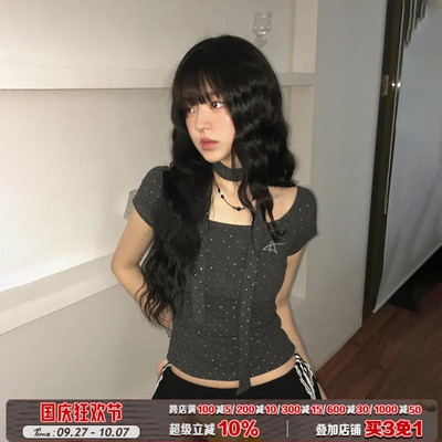 深灰色bling波点烫银方领围脖T恤