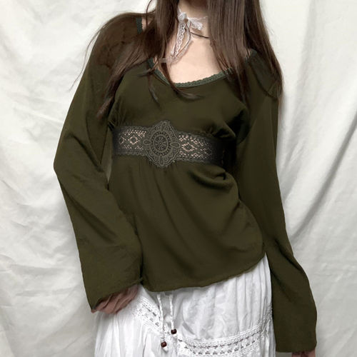 ROCKMORE【森系古着】墨绿色高腰花边拼接长袖T恤vintage显瘦上衣