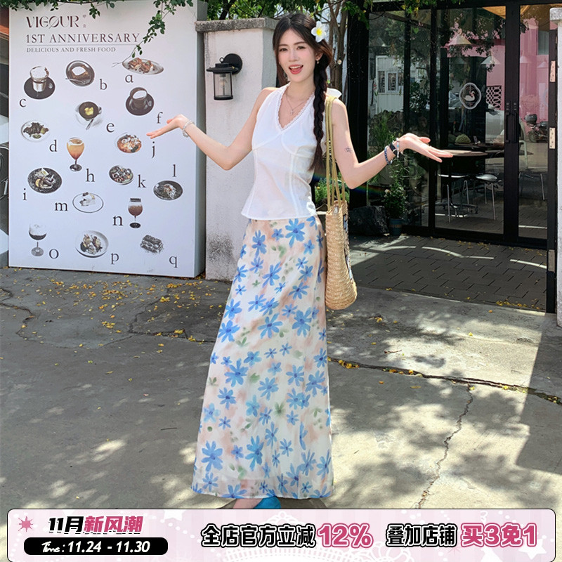 浅蓝色小清新印花海边度假半身裙