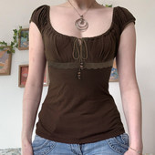 民族风串珠系带蕾丝拼接T恤女 ROCKMORE 甜辣复古 褶皱方领上衣