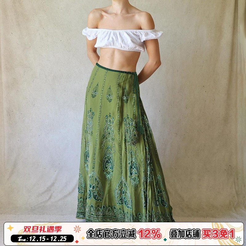 孔雀印花古着感绿色半身裙