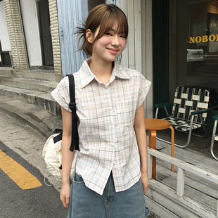 衬衫 卡其色格纹基础休闲短袖 排扣显瘦上衣夏 韩系辣妹 ROCKMORE