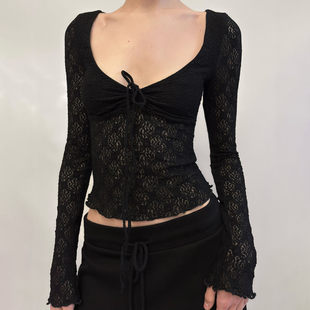 性感辣妹 打底衫 纯欲蕾丝拼接方领长袖 低胸长袖 T恤女 ROCKMORE