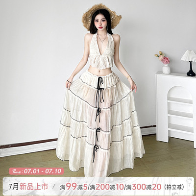 挂脖吊带+蝴蝶结网纱长半裙
