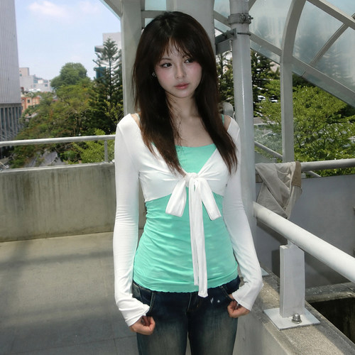 内搭吊带+长袖短款绑带开衫套装