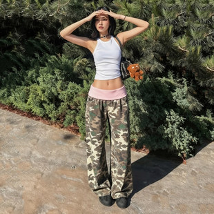 宽松显瘦阔腿裤 ROCKMORE 腰头拼接撞色迷彩低腰休闲裤 复古 美式