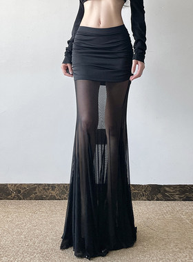 ROCKMORE【性感御姐】黑色透视网纱拼接缩褶半裙修身显瘦拖地长裙