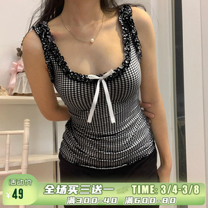 ROCKMORE【格蕾少女】法式复古蝴蝶结吊带背心甜美田园风打底上衣