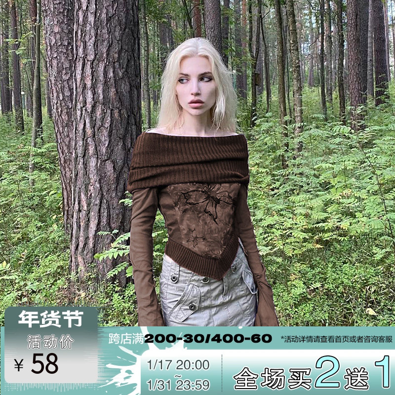 ROCKMORE古着vintage蝴蝶印花棕色一字肩翻领打底衫喇叭长袖上衣