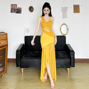 ROCKMORE【泰兰德假日】黄色清冷感网纱度假裙设计感不规则连衣裙