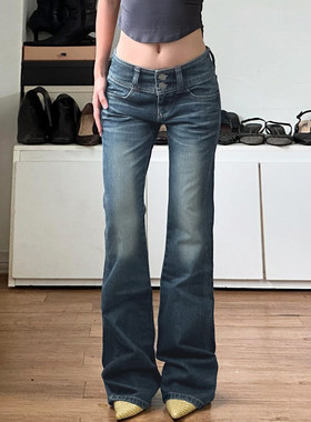 ROCKMORE【美式休闲】宽腰头两粒扣低腰蓝色牛仔裤修身显瘦喇叭裤