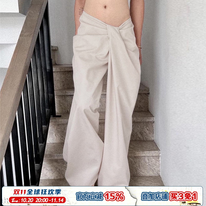 低腰简约设计感长裤不规则褶皱