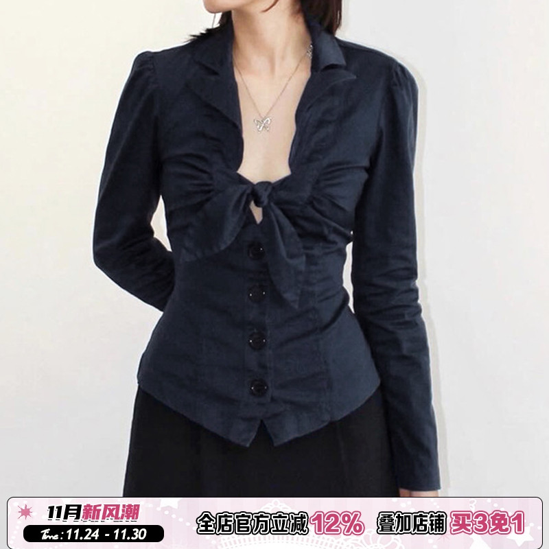 蝴蝶结系带镂空长袖衬衫