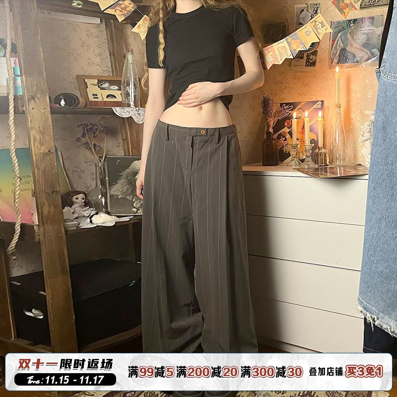 深灰色基础条纹低腰休闲西装裤夏