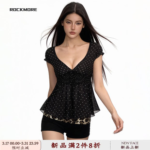 上衣女 轻透黑白波点深V领网纱T恤褶皱收腰气质百搭短袖 ROCKMORE
