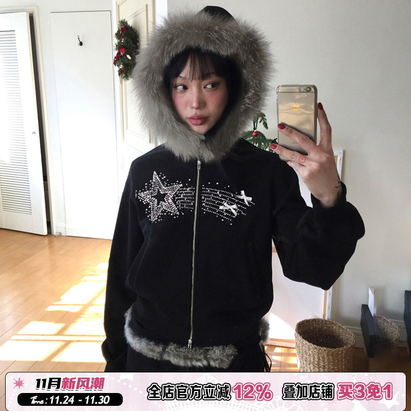 千禧美式毛领连帽拉链短款卫衣