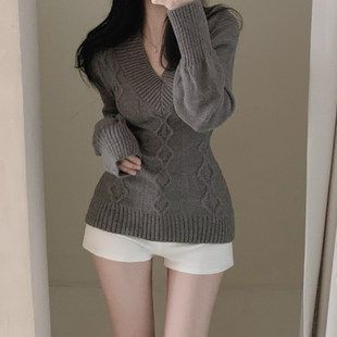 韩系温柔 针织衫 气质V领菱格提花毛衣女 打底修身 冬季 ROCKMORE