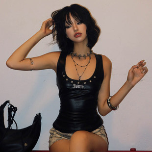 ROCKMORE 暗黑鸡眼拼接字母印花工字背心性感辣妹吊带 机车辣妹