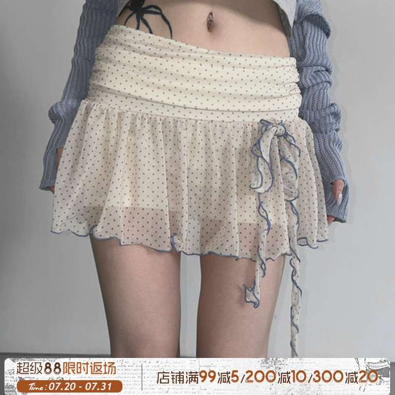 ROCKMORE【法式甜美】少女感蓝白小波点网纱半裙蝴蝶结低腰短裙夏