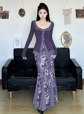 ROCKMORE【紫色风铃】荷叶边不规则飘带网纱拼接长袖T恤鱼尾半裙