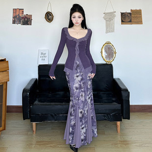 T恤鱼尾半裙 荷叶边不规则飘带网纱拼接长袖 ROCKMORE 紫色风铃