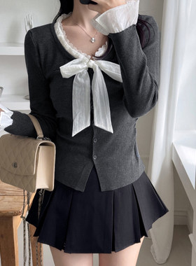 ROCKMORE【甜美减龄】少女蝴蝶结系带V领打底衫T恤女灰色修身上衣