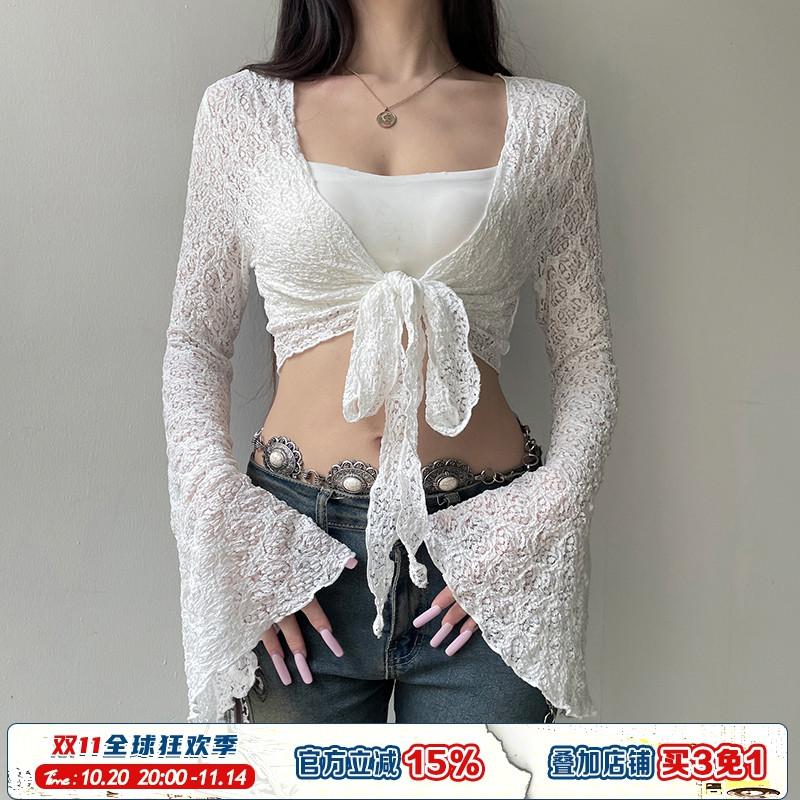 喇叭长袖短上衣轻薄叠穿