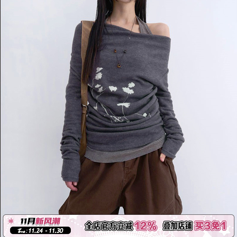 小众植系印花露肩长袖T恤性感