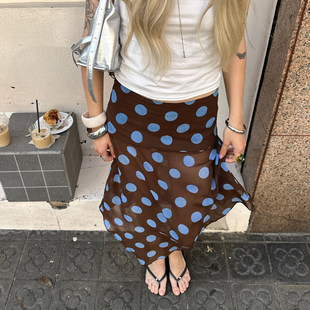 撞色波点不规则网纱半裙复古棕色飘逸中长裙 时髦 ROCKMORE 法式