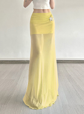 ROCKMORE【岛屿时光】黄色度假风褶皱网纱半身裙金属扣装饰包臀裙