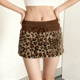 ROCKMORE 复古棕色螺纹拼接豹纹半裙亚比低腰性感短裙 千禧辣妹
