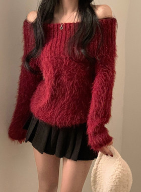 ROCKMORE【慵懒奶芙】仿水貂毛红色一字肩毛衣女秋冬宽松针织上衣