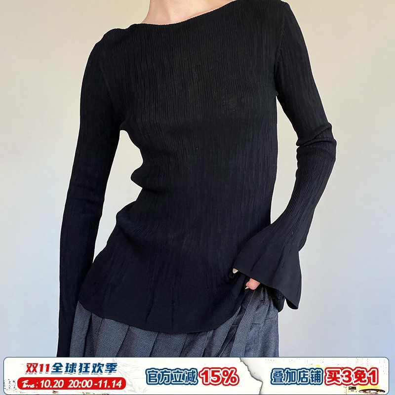 黑色主义极简基础圆领喇叭袖T恤