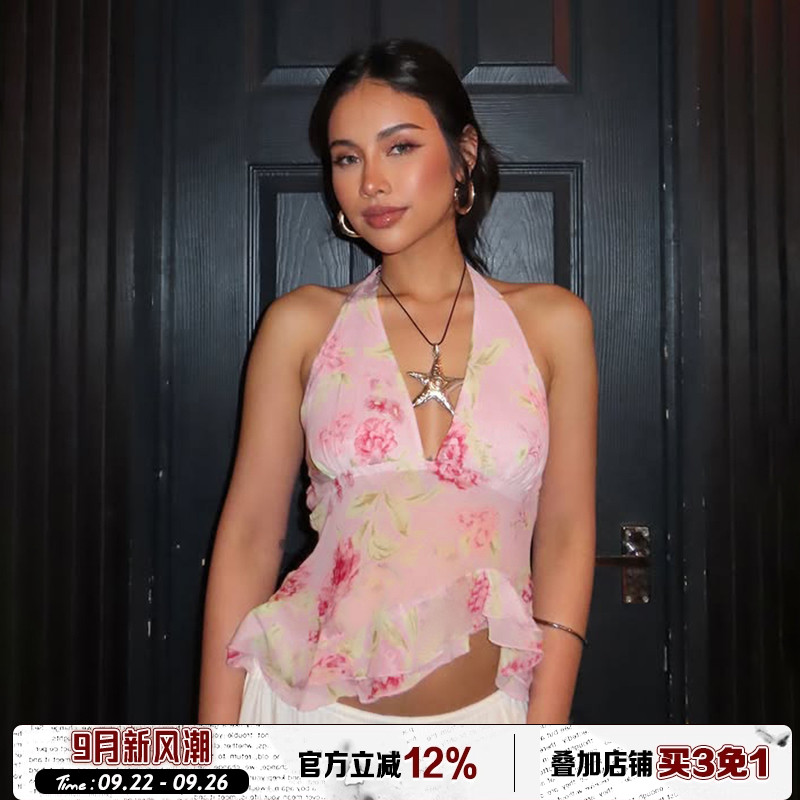 浅粉色花卉印花网纱吊带性感
