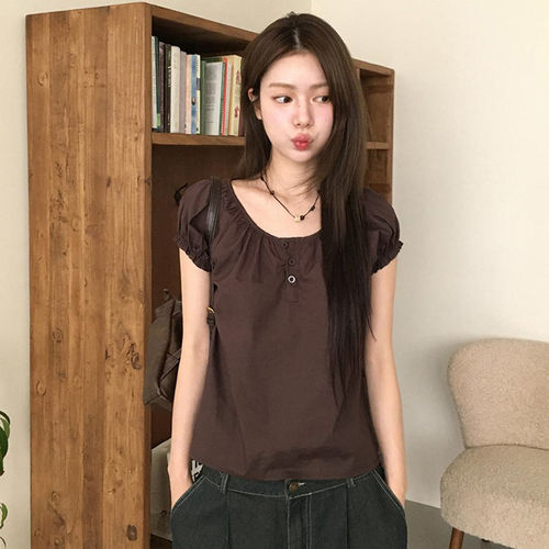 泡泡袖褶皱圆领棕色三粒扣T恤夏