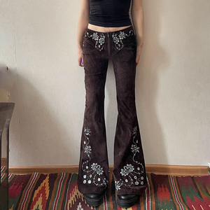 ROCKMORE【vintage复古】特色绣花撞色微喇休闲裤女 低腰显瘦长裤