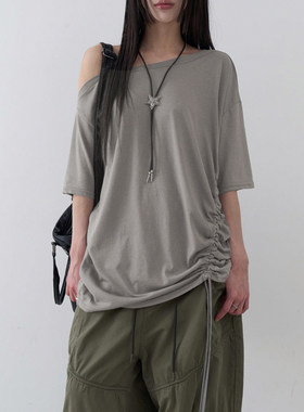 ROCKMORE【美式休闲】灰色斜肩抽绳宽松t恤慵懒感百搭短袖上衣女