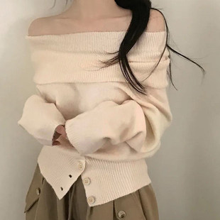 上衣潮 韩系一字肩露肩毛衣女宽松显瘦针织衫 ROCKMORE 初秋慵懒